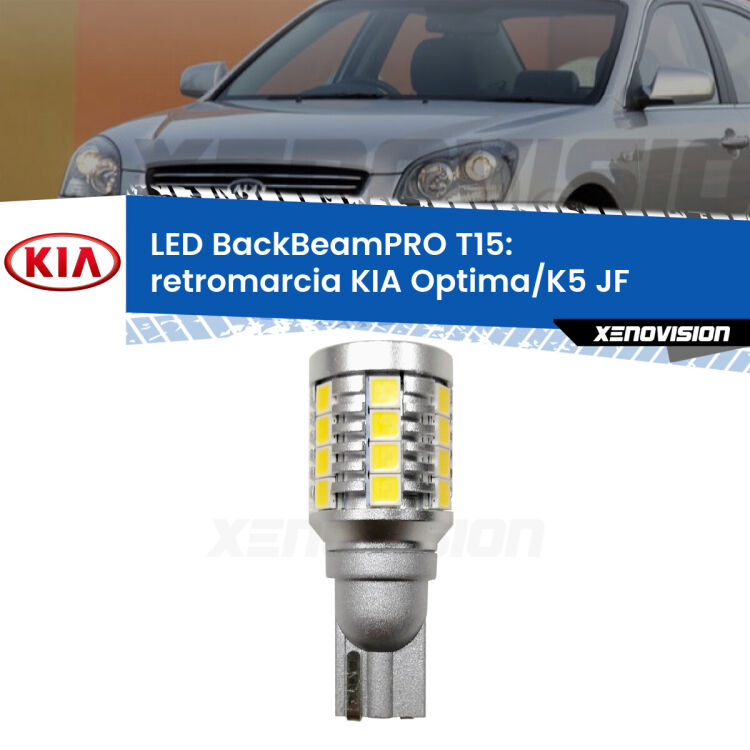 <strong>Luce retromarcia LED per KIA Optima/K5</strong> JF 2015 - 2018. Una lampadina <b>T15</b> esageratamente spinta: 15W di potenza, 20 volte più luce delle originali.