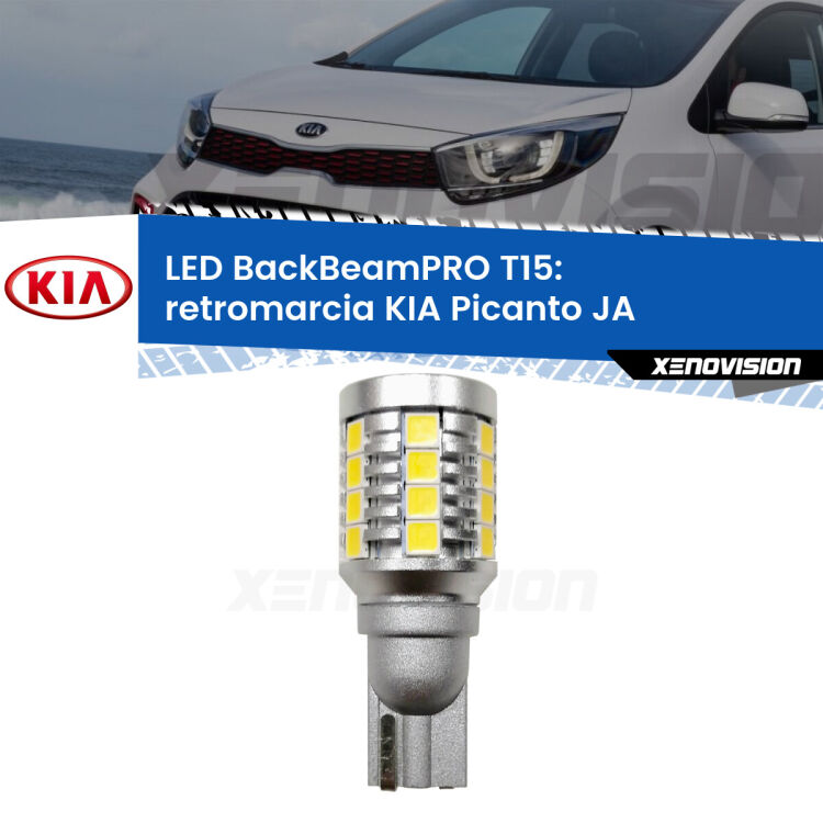 <strong>Luce retromarcia LED per KIA Picanto</strong> JA 2017 in poi. Una lampadina <b>T15</b> esageratamente spinta: 15W di potenza, 20 volte più luce delle originali.