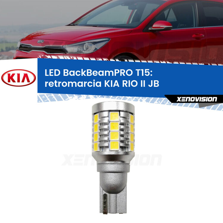 <strong>Luce retromarcia LED per KIA RIO II</strong> JB 2005 - 2010. Una lampadina <b>T15</b> esageratamente spinta: 15W di potenza, 20 volte più luce delle originali.