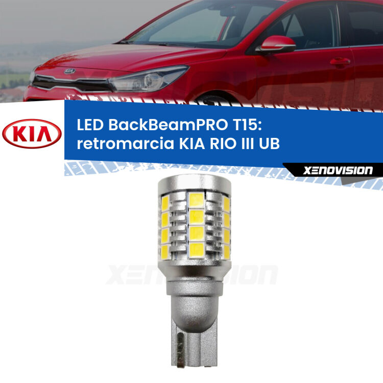 <strong>Luce retromarcia LED per KIA RIO III</strong> UB 2011 - 2016. Una lampadina <b>T15</b> esageratamente spinta: 15W di potenza, 20 volte più luce delle originali.