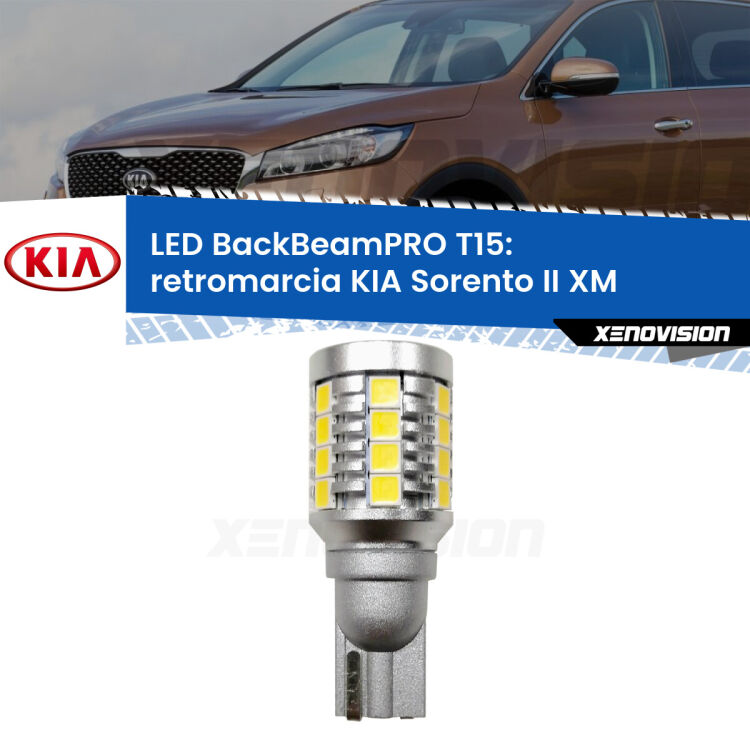 <strong>Luce retromarcia LED per KIA Sorento II</strong> XM 2009 - 2014. Una lampadina <b>T15</b> esageratamente spinta: 15W di potenza, 20 volte più luce delle originali.