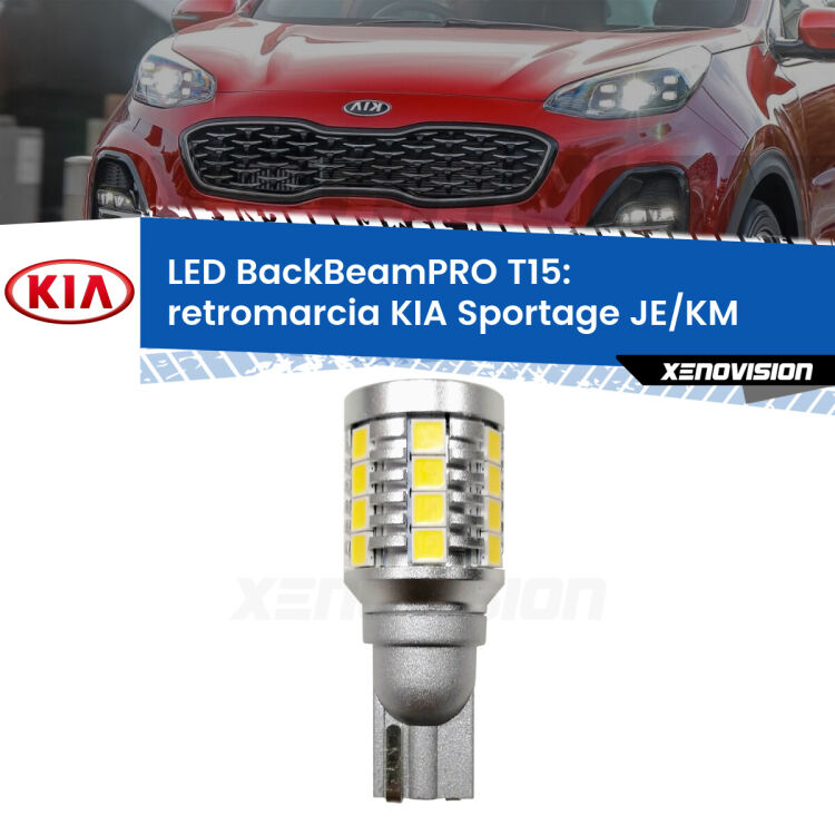 <strong>Luce retromarcia LED per KIA Sportage</strong> JE/KM 2004 - 2009. Una lampadina <b>T15</b> esageratamente spinta: 15W di potenza, 20 volte più luce delle originali.