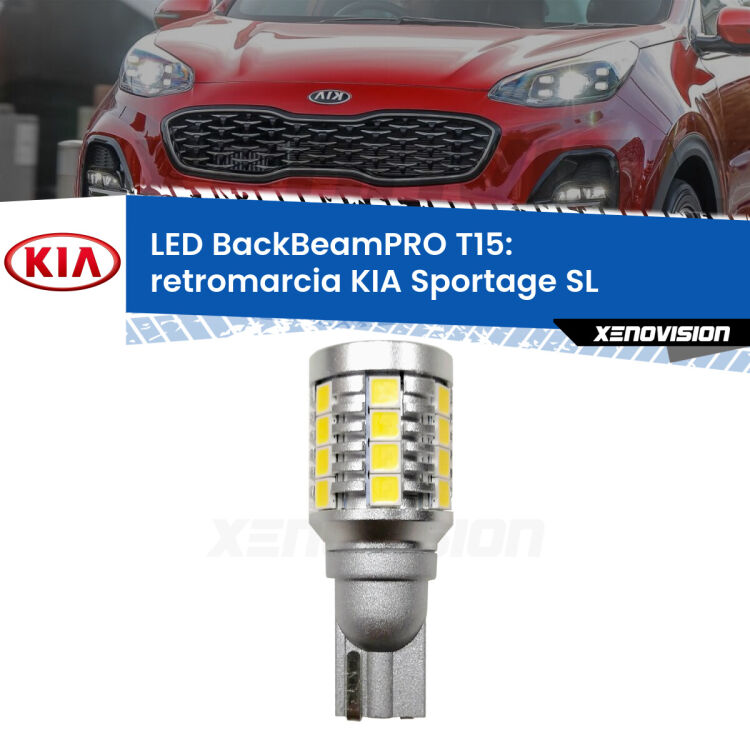 <strong>Luce retromarcia LED per KIA Sportage</strong> SL 2010 - 2014. Una lampadina <b>T15</b> esageratamente spinta: 15W di potenza, 20 volte più luce delle originali.