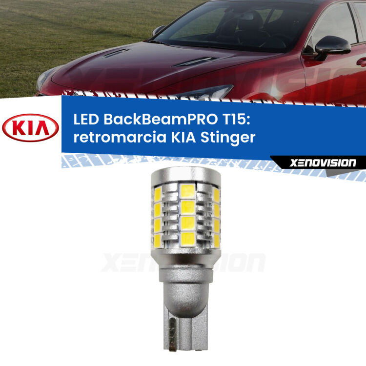 <strong>Luce retromarcia LED per KIA Stinger</strong>  2017 in poi. Una lampadina <b>T15</b> esageratamente spinta: 15W di potenza, 20 volte più luce delle originali.