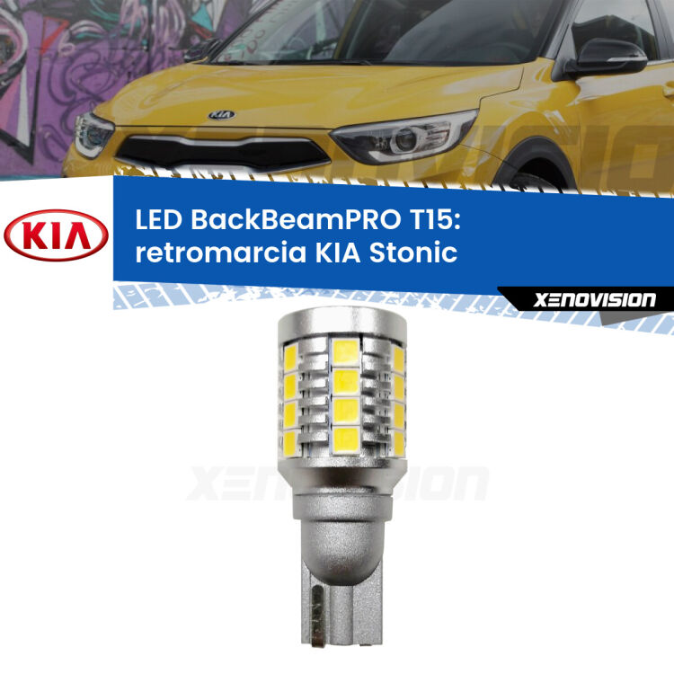 <strong>Luce retromarcia LED per KIA Stonic</strong>  2017 in poi. Una lampadina <b>T15</b> esageratamente spinta: 15W di potenza, 20 volte più luce delle originali.