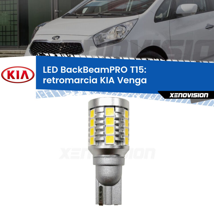 <strong>Luce retromarcia LED per KIA Venga</strong>  2010 - 2019. Una lampadina <b>T15</b> esageratamente spinta: 15W di potenza, 20 volte più luce delle originali.