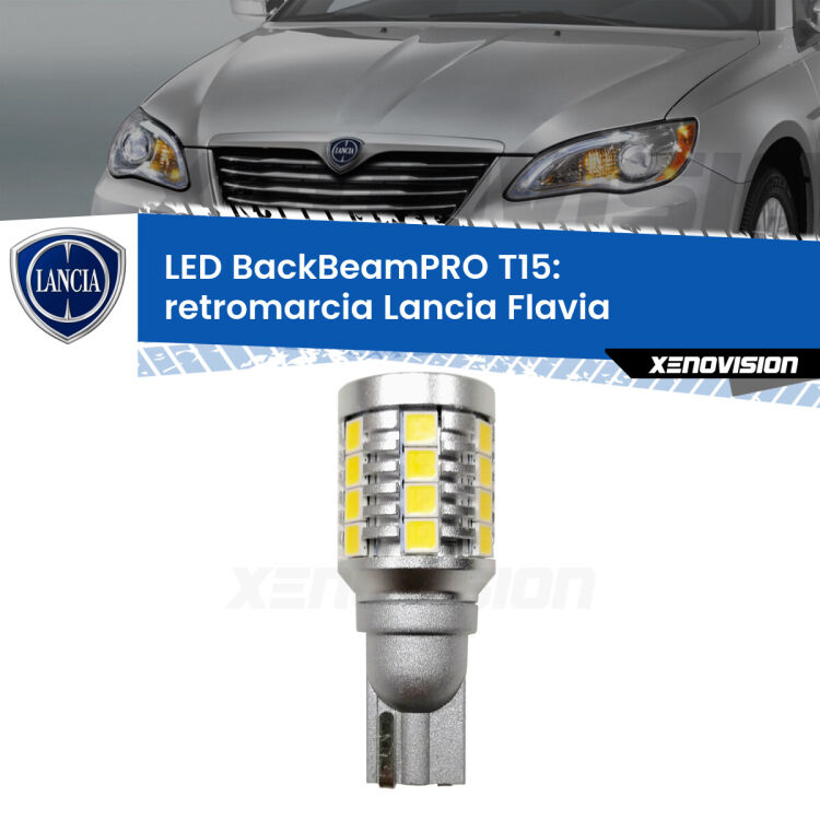 <strong>Luce retromarcia LED per Lancia Flavia</strong>  2012 - 2014. Una lampadina <b>T15</b> esageratamente spinta: 15W di potenza, 20 volte più luce delle originali.