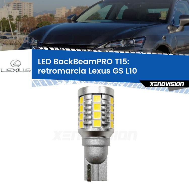 <strong>Luce retromarcia LED per Lexus GS</strong> L10 2011 in poi. Una lampadina <b>T15</b> esageratamente spinta: 15W di potenza, 20 volte più luce delle originali.