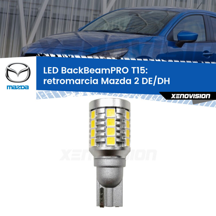 <strong>Luce retromarcia LED per Mazda 2</strong> DE/DH 2007 - 2015. Una lampadina <b>T15</b> esageratamente spinta: 15W di potenza, 20 volte più luce delle originali.