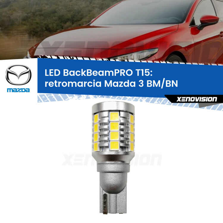 <strong>Luce retromarcia LED per Mazda 3</strong> BM/BN 2013 - 2018. Una lampadina <b>T15</b> esageratamente spinta: 15W di potenza, 20 volte più luce delle originali.