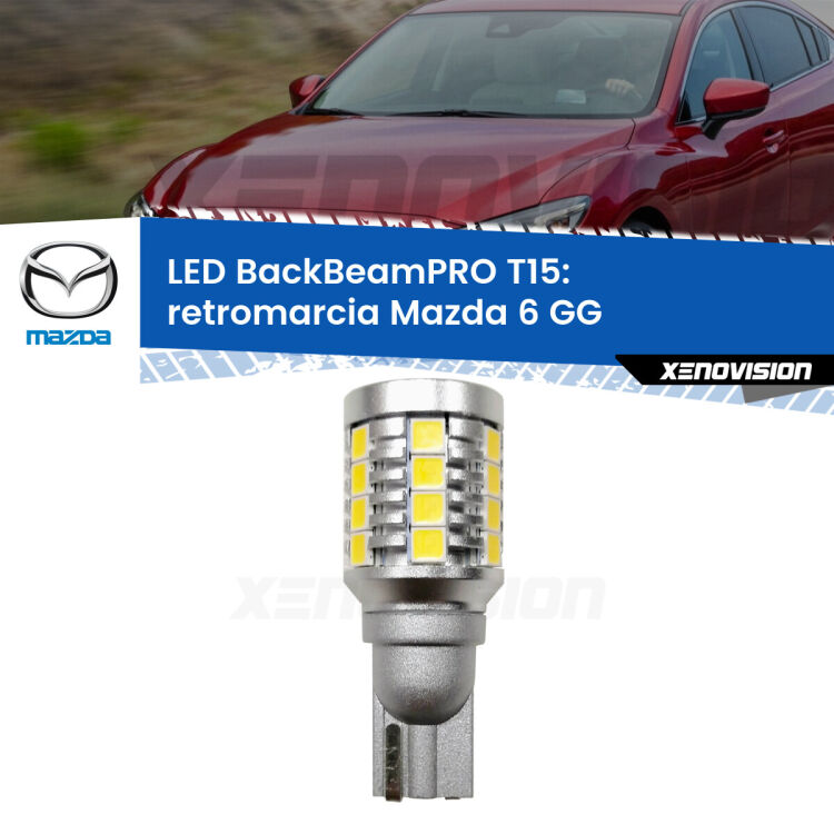 <strong>Luce retromarcia LED per Mazda 6</strong> GG 2002 - 2007. Una lampadina <b>T15</b> esageratamente spinta: 15W di potenza, 20 volte più luce delle originali.