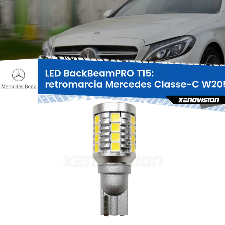 <strong>Luce retromarcia LED per Mercedes Classe-C</strong> W205 2013 - 2018. Una lampadina <b>T15</b> esageratamente spinta: 15W di potenza, 20 volte più luce delle originali.