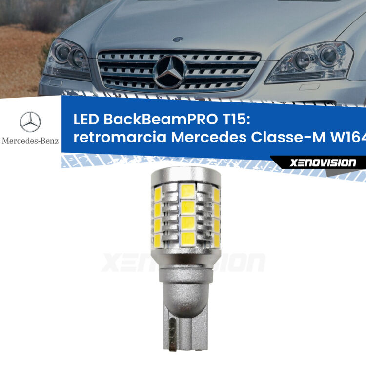 <strong>Luce retromarcia LED per Mercedes Classe-M</strong> W164 restyling. Una lampadina <b>T15</b> esageratamente spinta: 15W di potenza, 20 volte più luce delle originali.