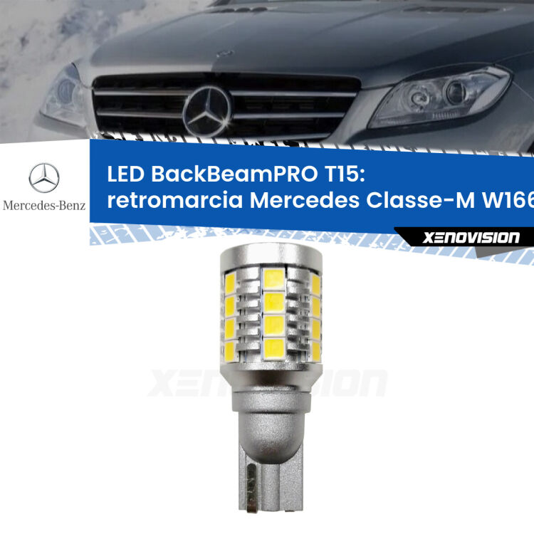 <strong>Luce retromarcia LED per Mercedes Classe-M</strong> W166 2011 - 2015. Una lampadina <b>T15</b> esageratamente spinta: 15W di potenza, 20 volte più luce delle originali.