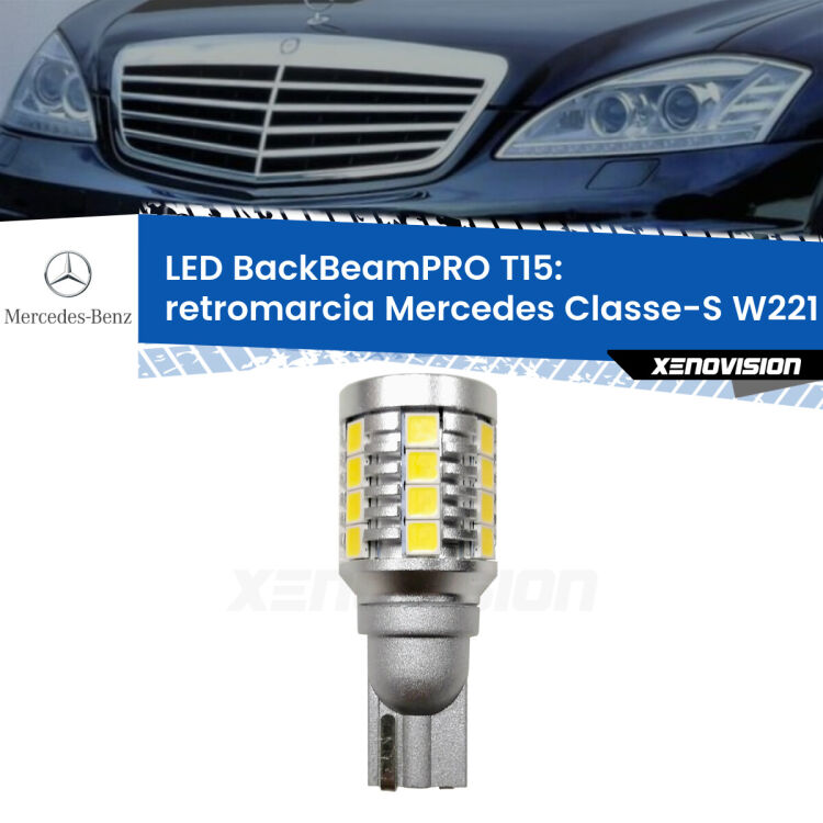 <strong>Luce retromarcia LED per Mercedes Classe-S</strong> W221 2005 - 2013. Una lampadina <b>T15</b> esageratamente spinta: 15W di potenza, 20 volte più luce delle originali.