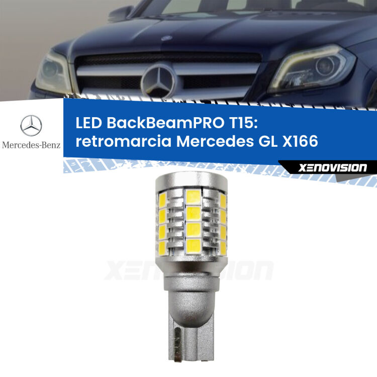 <strong>Luce retromarcia LED per Mercedes GL</strong> X166 2012 - 2015. Una lampadina <b>T15</b> esageratamente spinta: 15W di potenza, 20 volte più luce delle originali.