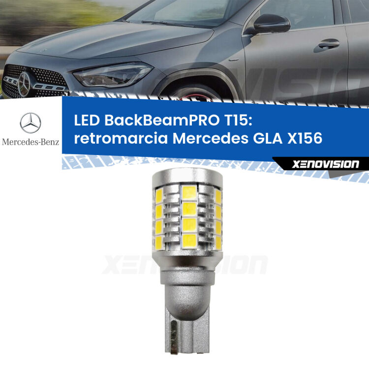 <strong>Luce retromarcia LED per Mercedes GLA</strong> X156 2013 in poi. Una lampadina <b>T15</b> esageratamente spinta: 15W di potenza, 20 volte più luce delle originali.