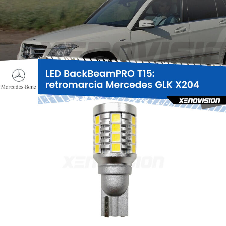 <strong>Luce retromarcia LED per Mercedes GLK</strong> X204 prima serie. Una lampadina <b>T15</b> esageratamente spinta: 15W di potenza, 20 volte più luce delle originali.