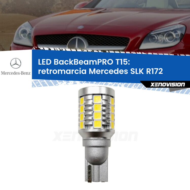 <strong>Luce retromarcia LED per Mercedes SLK</strong> R172 2011 in poi. Una lampadina <b>T15</b> esageratamente spinta: 15W di potenza, 20 volte più luce delle originali.