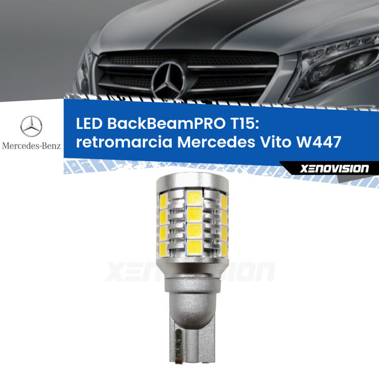 <strong>Luce retromarcia LED per Mercedes Vito</strong> W447 restyling. Una lampadina <b>T15</b> esageratamente spinta: 15W di potenza, 20 volte più luce delle originali.