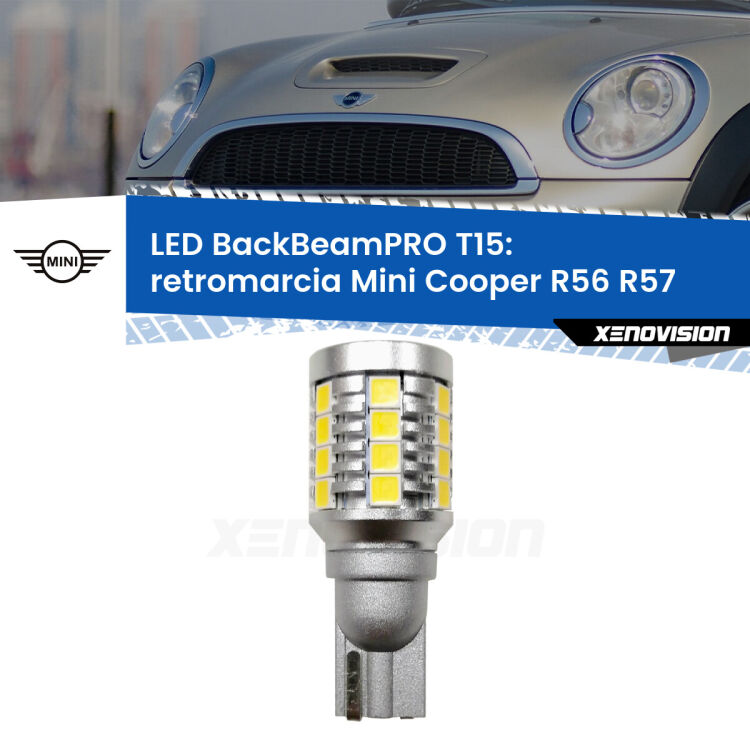 <strong>Luce retromarcia LED per Mini Cooper</strong> R56 R57 2011 - 2013. Una lampadina <b>T15</b> esageratamente spinta: 15W di potenza, 20 volte più luce delle originali.