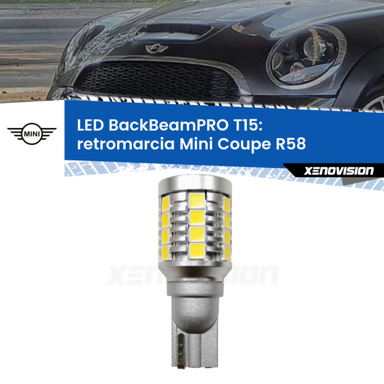 <strong>Luce retromarcia LED per Mini Coupe</strong> R58 2011 - 2015. Una lampadina <b>T15</b> esageratamente spinta: 15W di potenza, 20 volte più luce delle originali.