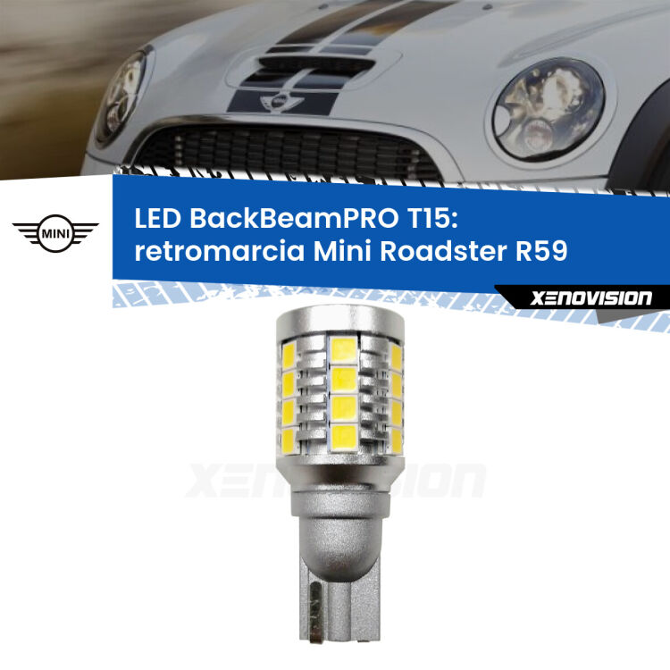 <strong>Luce retromarcia LED per Mini Roadster</strong> R59 2012 - 2010. Una lampadina <b>T15</b> esageratamente spinta: 15W di potenza, 20 volte più luce delle originali.