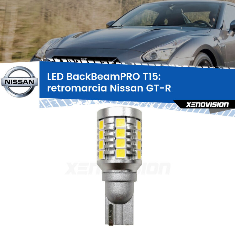 <strong>Luce retromarcia LED per Nissan GT-R</strong>  2007 in poi. Una lampadina <b>T15</b> esageratamente spinta: 15W di potenza, 20 volte più luce delle originali.