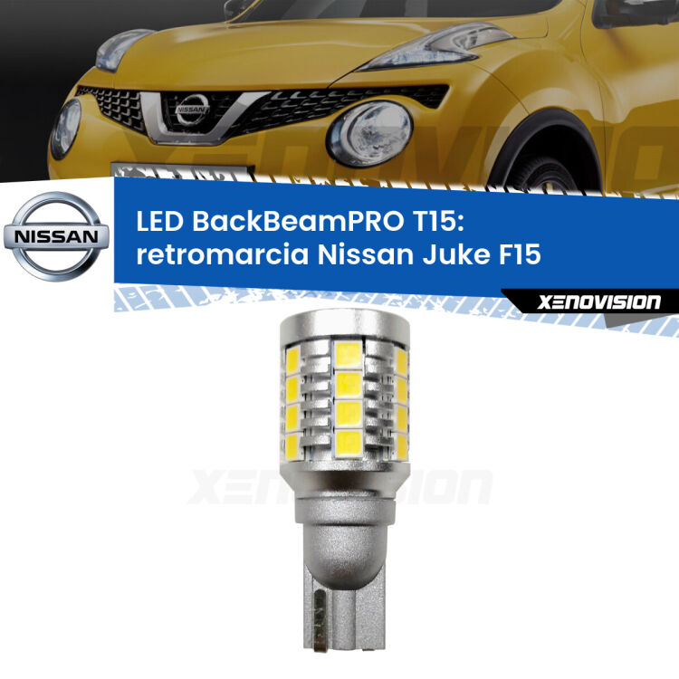 <strong>Luce retromarcia LED per Nissan Juke</strong> F15 2010 - 2018. Una lampadina <b>T15</b> esageratamente spinta: 15W di potenza, 20 volte più luce delle originali.