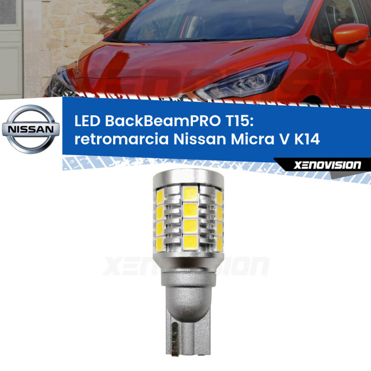 <strong>Luce retromarcia LED per Nissan Micra V</strong> K14 2016 in poi. Una lampadina <b>T15</b> esageratamente spinta: 15W di potenza, 20 volte più luce delle originali.