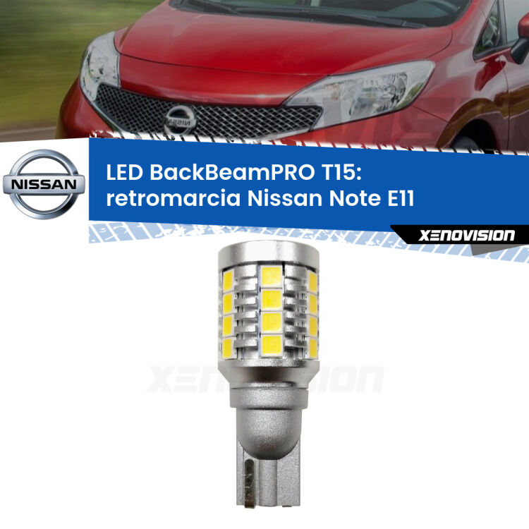 <strong>Luce retromarcia LED per Nissan Note</strong> E11 2006 - 2013. Una lampadina <b>T15</b> esageratamente spinta: 15W di potenza, 20 volte più luce delle originali.