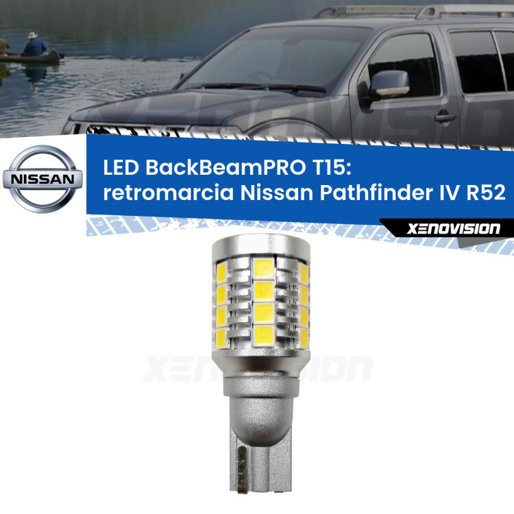 <strong>Luce retromarcia LED per Nissan Pathfinder IV</strong> R52 2012 in poi. Una lampadina <b>T15</b> esageratamente spinta: 15W di potenza, 20 volte più luce delle originali.