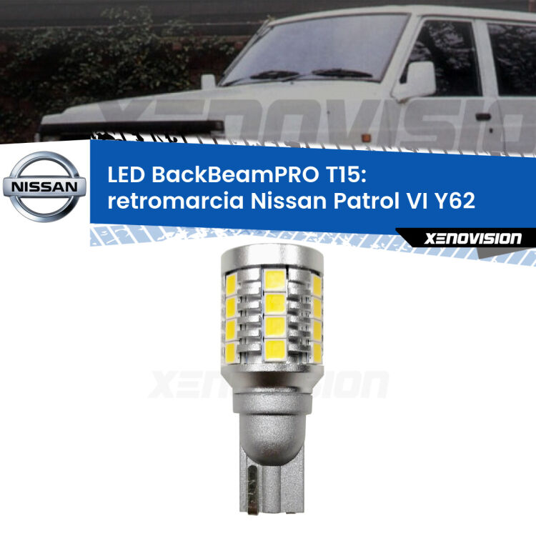 <strong>Luce retromarcia LED per Nissan Patrol VI</strong> Y62 2010 in poi. Una lampadina <b>T15</b> esageratamente spinta: 15W di potenza, 20 volte più luce delle originali.