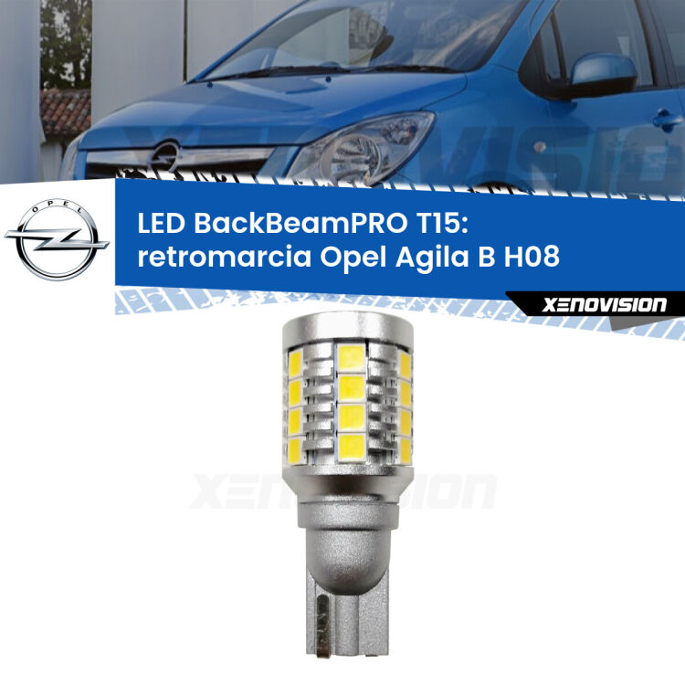 <strong>Luce retromarcia LED per Opel Agila B</strong> H08 2008 - 2014. Una lampadina <b>T15</b> esageratamente spinta: 15W di potenza, 20 volte più luce delle originali.