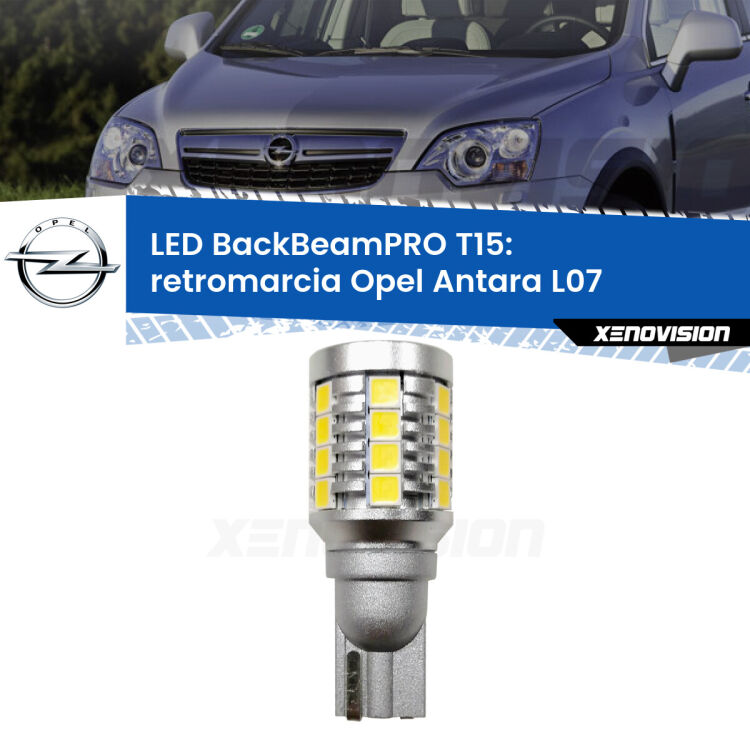 <strong>Luce retromarcia LED per Opel Antara</strong> L07 2006 - 2015. Una lampadina <b>T15</b> esageratamente spinta: 15W di potenza, 20 volte più luce delle originali.