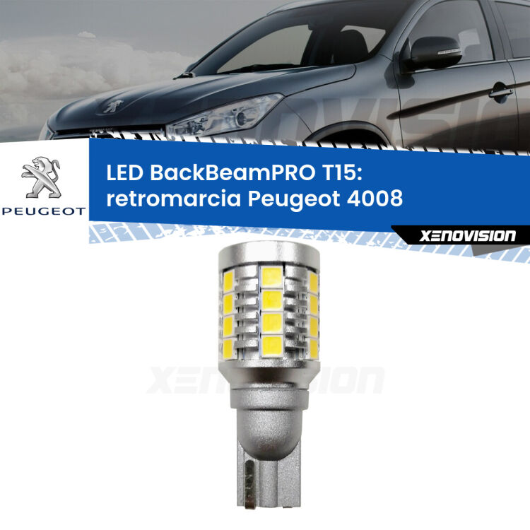 <strong>Luce retromarcia LED per Peugeot 4008</strong>  2012 in poi. Una lampadina <b>T15</b> esageratamente spinta: 15W di potenza, 20 volte più luce delle originali.