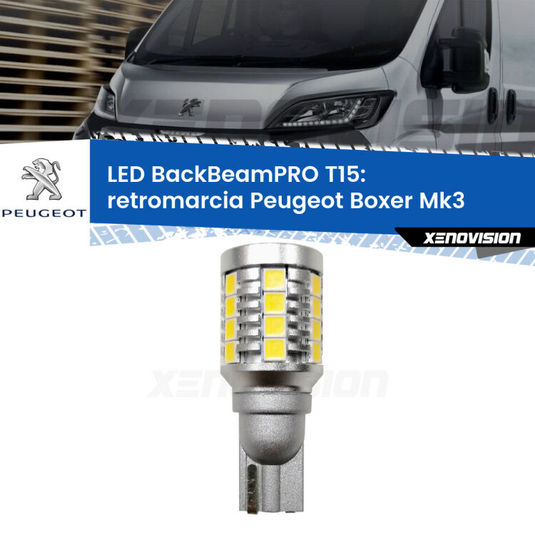 <strong>Luce retromarcia LED per Peugeot Boxer</strong> Mk3 2014 in poi. Una lampadina <b>T15</b> esageratamente spinta: 15W di potenza, 20 volte più luce delle originali.