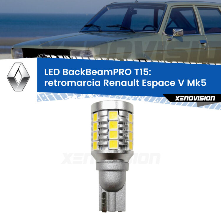 <strong>Luce retromarcia LED per Renault Espace V</strong> Mk5 2015 in poi. Una lampadina <b>T15</b> esageratamente spinta: 15W di potenza, 20 volte più luce delle originali.