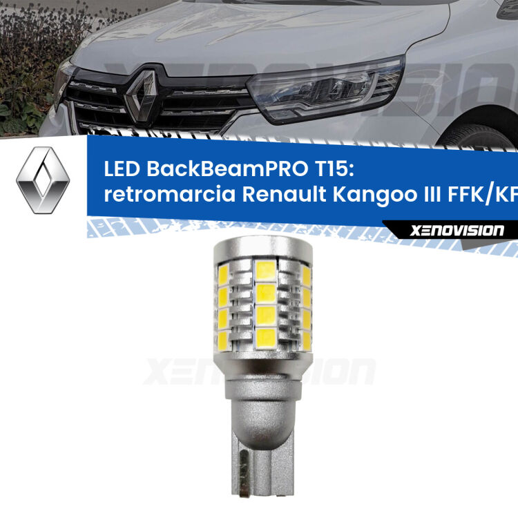 <strong>Luce retromarcia LED per Renault Kangoo III</strong> FFK/KFK 2021 in poi. Una lampadina <b>T15</b> esageratamente spinta: 15W di potenza, 20 volte più luce delle originali.