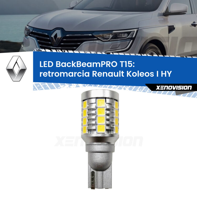 <strong>Luce retromarcia LED per Renault Koleos I</strong> HY 2006 - 2015. Una lampadina <b>T15</b> esageratamente spinta: 15W di potenza, 20 volte più luce delle originali.