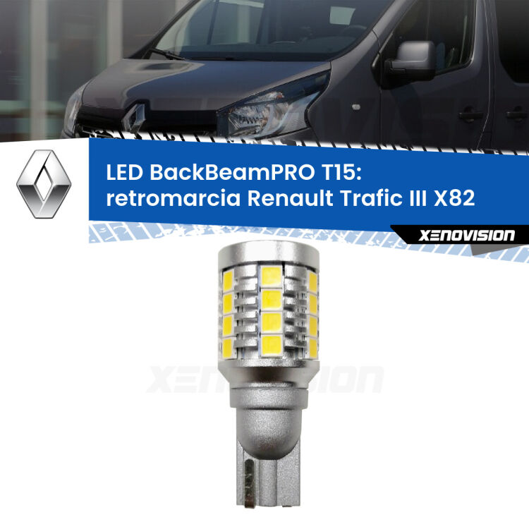 <strong>Luce retromarcia LED per Renault Trafic III</strong> X82 2014 in poi. Una lampadina <b>T15</b> esageratamente spinta: 15W di potenza, 20 volte più luce delle originali.