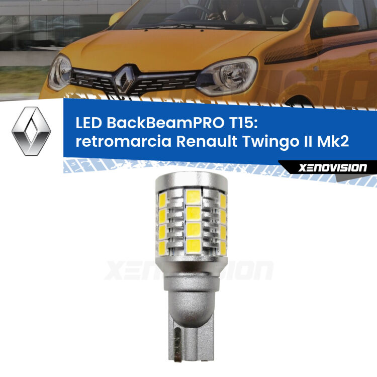 <strong>Luce retromarcia LED per Renault Twingo II</strong> Mk2 2012 - 2013. Una lampadina <b>T15</b> esageratamente spinta: 15W di potenza, 20 volte più luce delle originali.