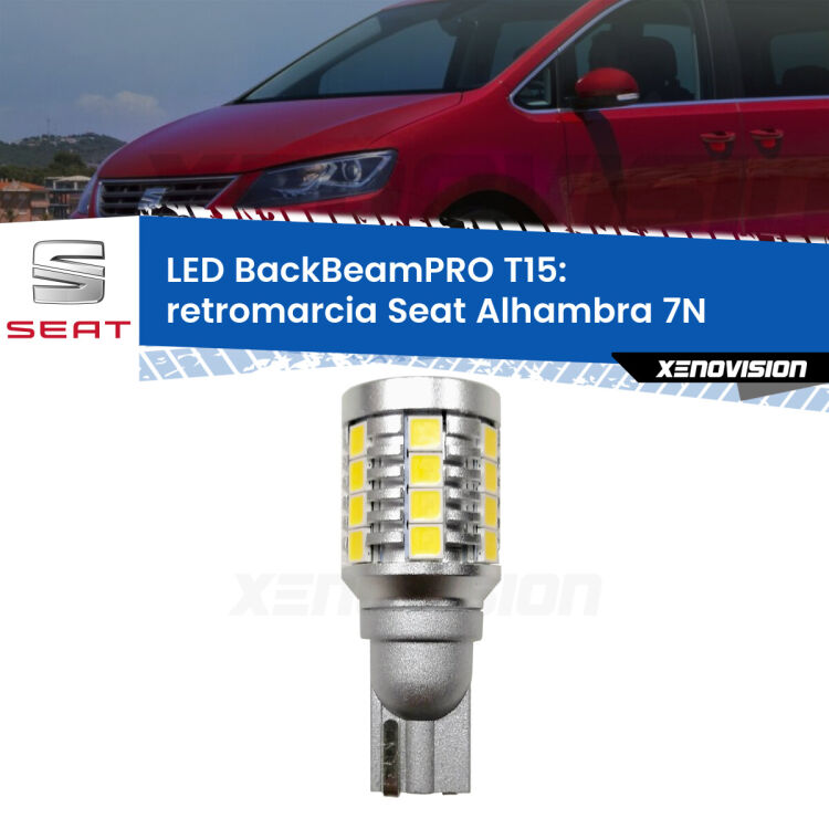 <strong>Luce retromarcia LED per Seat Alhambra</strong> 7N 2010 in poi. Una lampadina <b>T15</b> esageratamente spinta: 15W di potenza, 20 volte più luce delle originali.