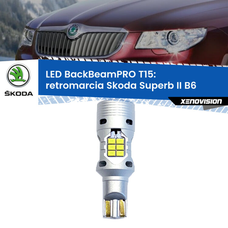 <strong>Luce retromarcia LED per Skoda Superb II</strong> B6 2008 - 2013. Una lampadina <b>T15</b> esageratamente spinta: 15W di potenza, 20 volte più luce delle originali.