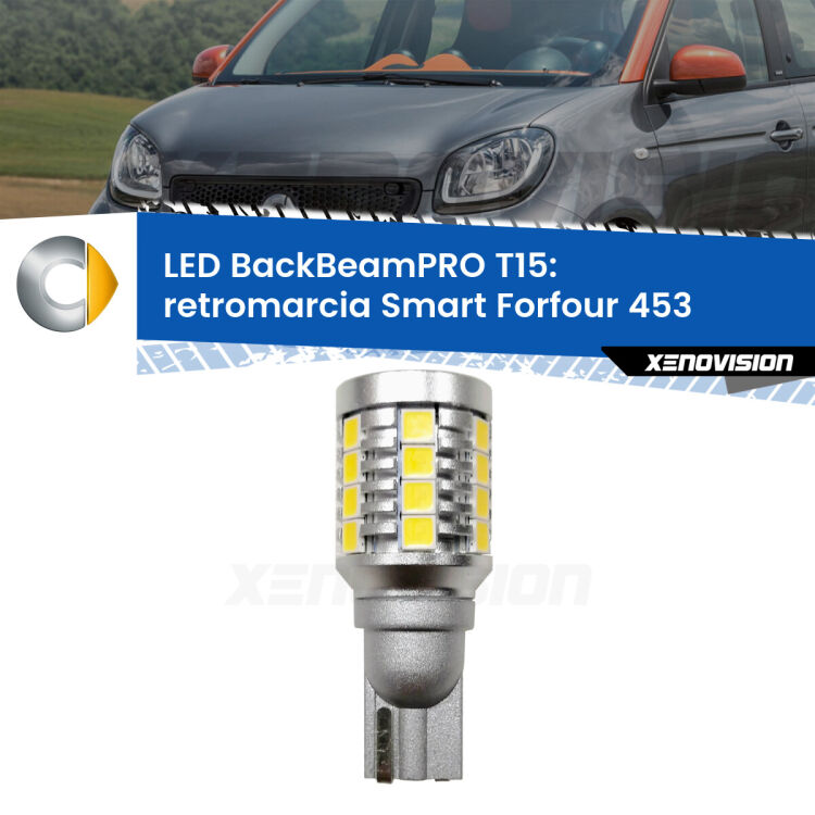 <strong>Luce retromarcia LED per Smart Forfour</strong> 453 2014 in poi. Una lampadina <b>T15</b> esageratamente spinta: 15W di potenza, 20 volte più luce delle originali.