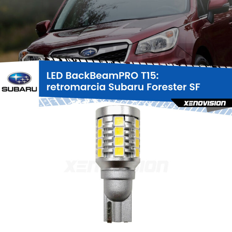 <strong>Luce retromarcia LED per Subaru Forester</strong> SF 1999 - 2002. Una lampadina <b>T15</b> esageratamente spinta: 15W di potenza, 20 volte più luce delle originali.