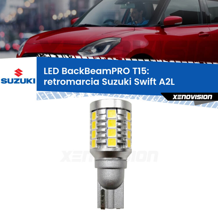 <strong>Luce retromarcia LED per Suzuki Swift</strong> A2L 2017 in poi. Una lampadina <b>T15</b> esageratamente spinta: 15W di potenza, 20 volte più luce delle originali.