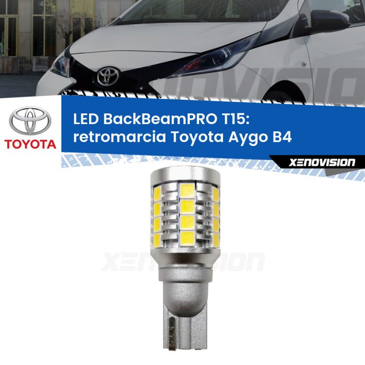 <strong>Luce retromarcia LED per Toyota Aygo</strong> B4 2018 in poi. Una lampadina <b>T15</b> esageratamente spinta: 15W di potenza, 20 volte più luce delle originali.