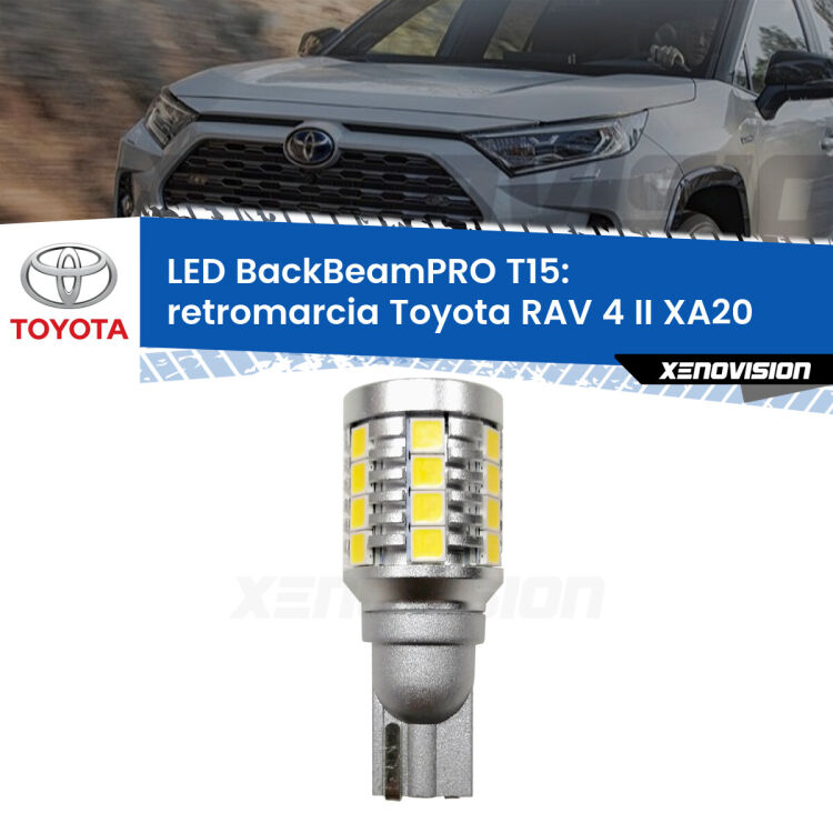 <strong>Luce retromarcia LED per Toyota RAV 4 II</strong> XA20 2000 - 2005. Una lampadina <b>T15</b> esageratamente spinta: 15W di potenza, 20 volte più luce delle originali.