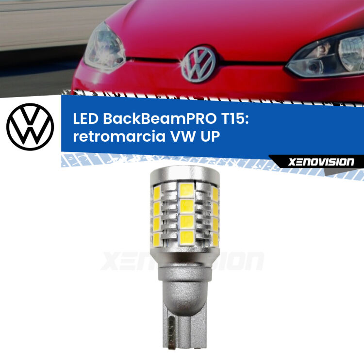 <strong>Luce retromarcia LED per VW UP</strong>  2017 in poi. Una lampadina <b>T15</b> esageratamente spinta: 15W di potenza, 20 volte più luce delle originali.